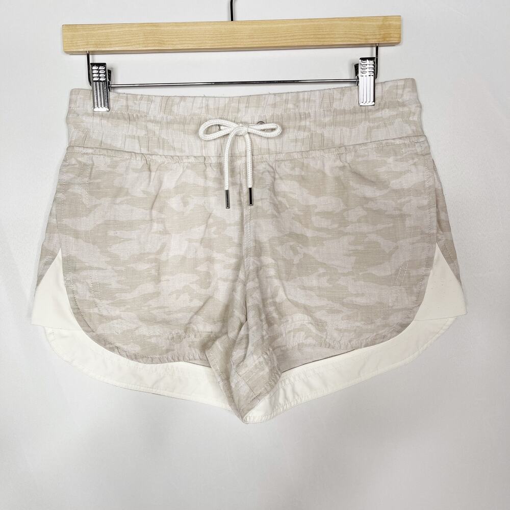 Athleta Size 2 Cream Cabo Tide Linen Shorts Camo Print Drawstring Waist Athletic